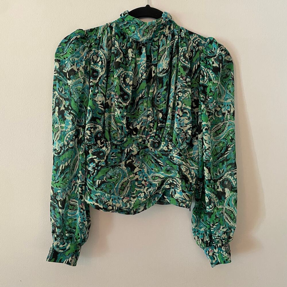 Zara Green Blue High Neck Flowy Blouse Cropped Lightweight Women's size Small